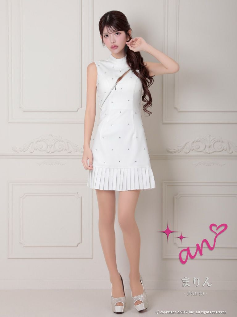 an アン バストジッパー ビジュー ドッキング バイカラー 裾プリーツ フレア ミニドレス ワンピース aoc-3787