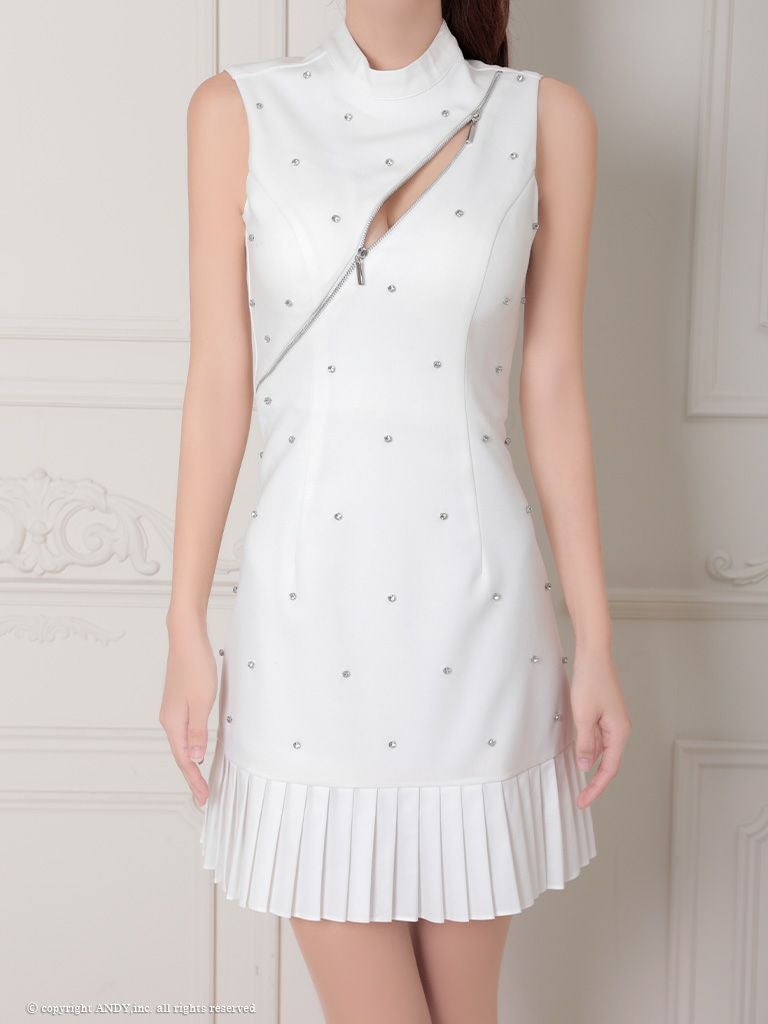 an アン バストジッパー ビジュー ドッキング バイカラー 裾プリーツ フレア ミニドレス ワンピース aoc-3787