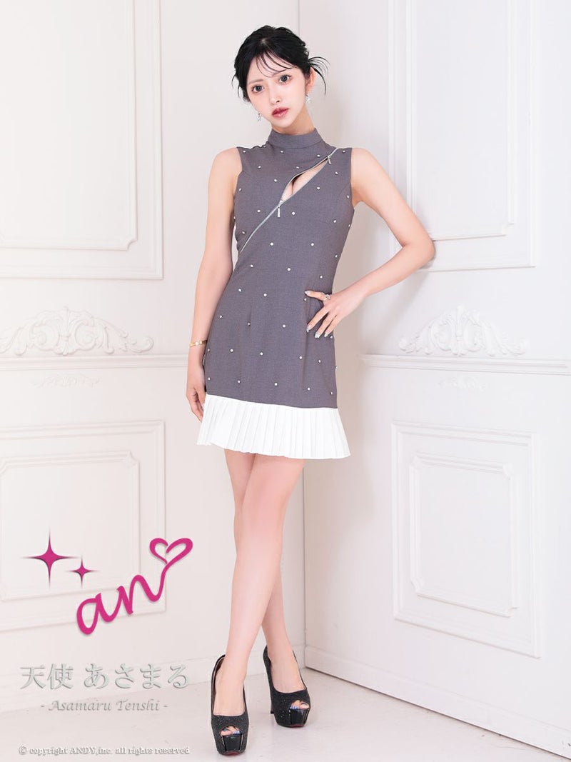 an アン バストジッパー ビジュー ドッキング バイカラー 裾プリーツ フレア ミニドレス ワンピース aoc-3787