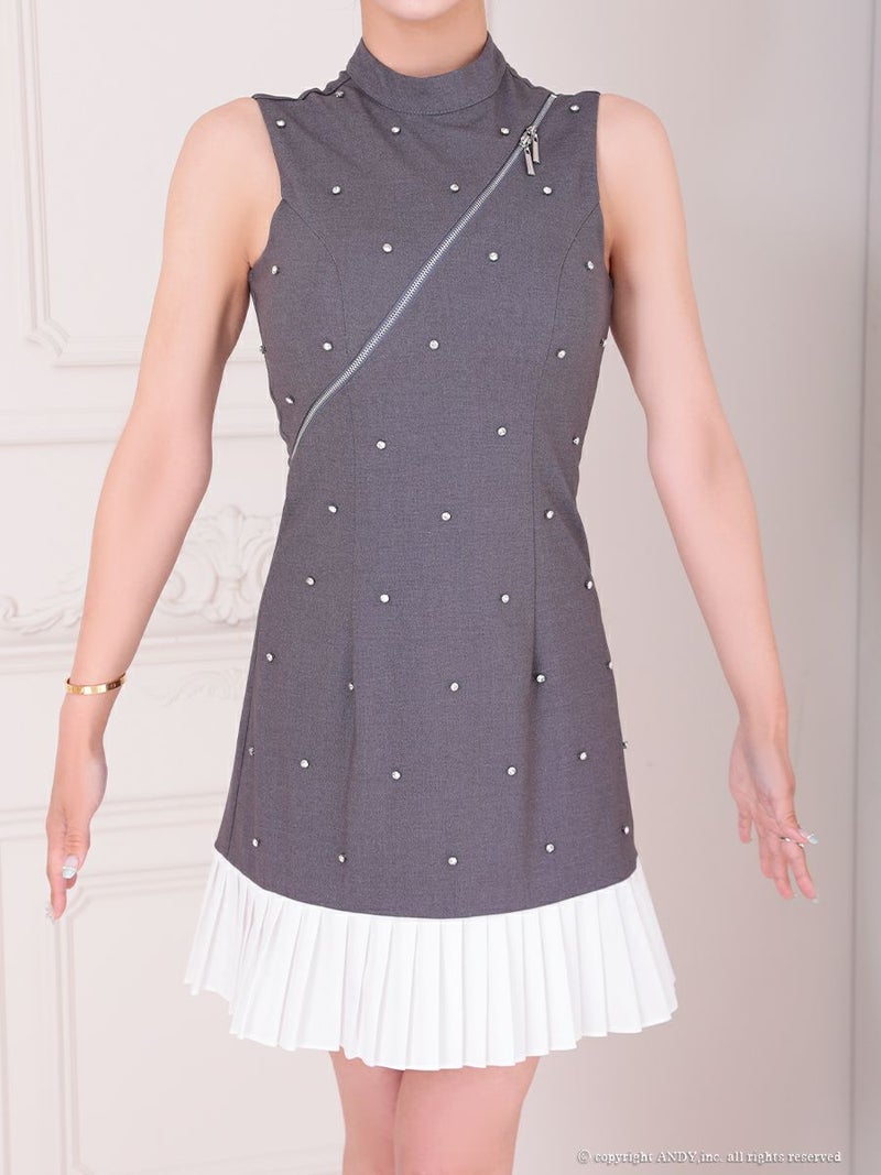 an アン バストジッパー ビジュー ドッキング バイカラー 裾プリーツ フレア ミニドレス ワンピース aoc-3787