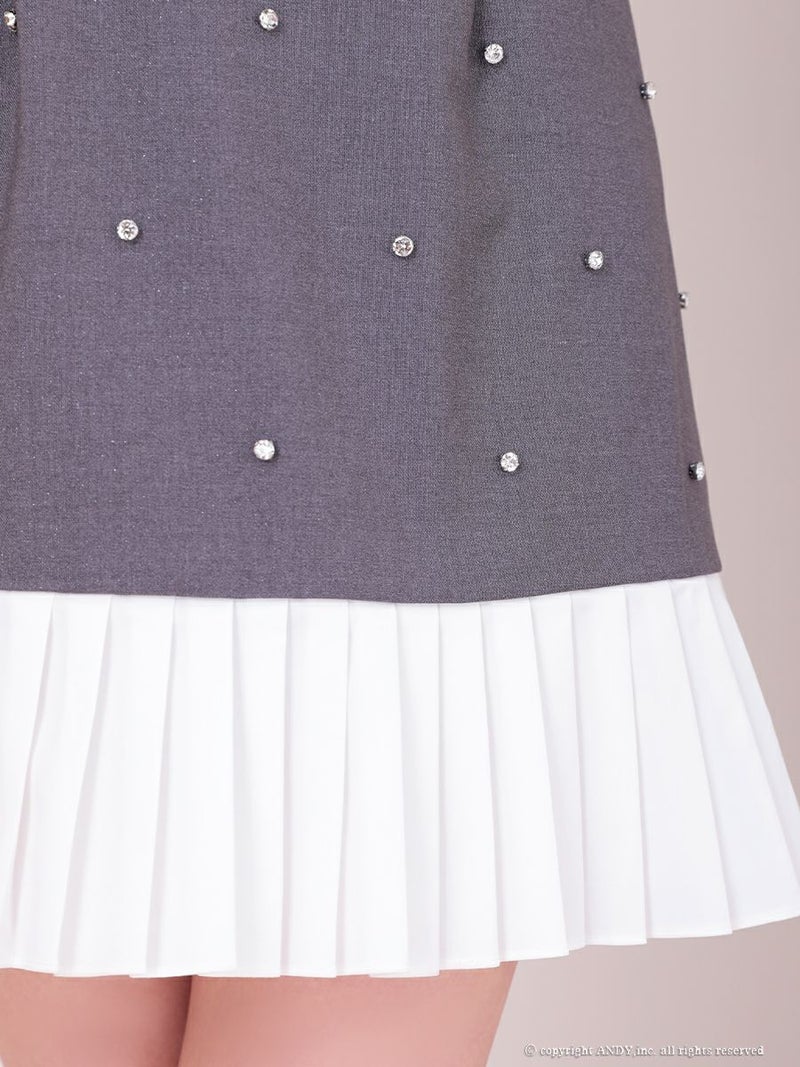 an アン バストジッパー ビジュー ドッキング バイカラー 裾プリーツ フレア ミニドレス ワンピース aoc-3787