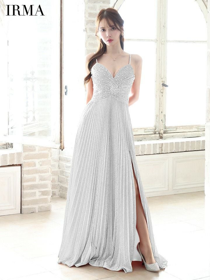 IRMA イルマ ワンカラー/ラメニット/ビジュー/スリット入り/プリーツ/ロングドレス ir51799-c