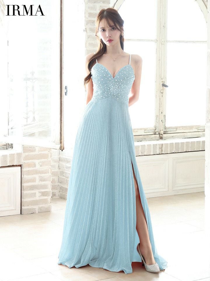 IRMA イルマ ワンカラー/ラメニット/ビジュー/スリット入り/プリーツ/ロングドレス ir51799-c