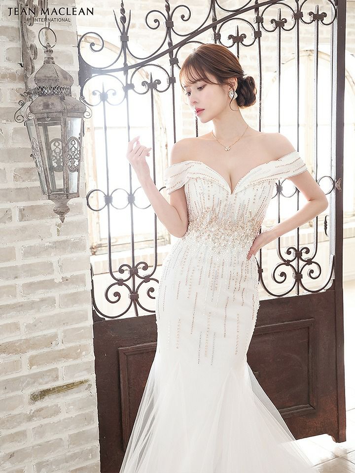 JEAN MACLEAN ジャンマクレーン オフショル/ゴールド×クリスタルビジュー/マーメイド/タイト ロングドレス ja51804-c