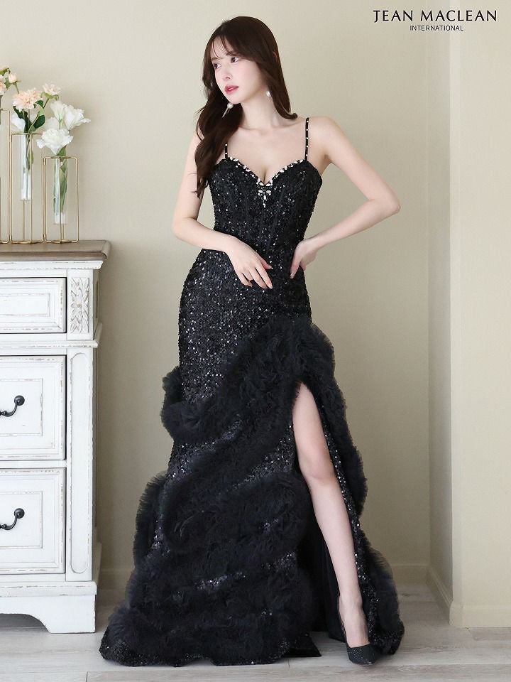 JEAN MACLEAN ジャンマクレーン スパンコール/ボリュームファー/マーメイド/スリット入り/タイト/ロングドレス ブラック ja41670-ks
