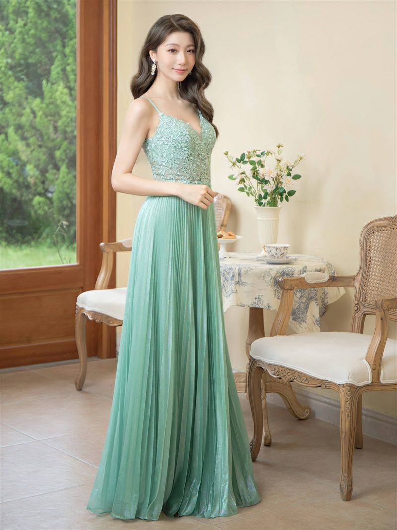 ERUKEI エルケイ キャミソール・プリーツ・レース・ビーズ・シアー・エレガント・ロングドレス ek-s35103