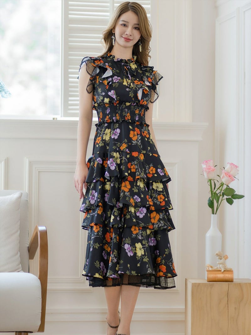 ERUKEI エルケイ ティアード・フリル・プチハイネック・ミディアムドレス・ワンピース ek-s61208a