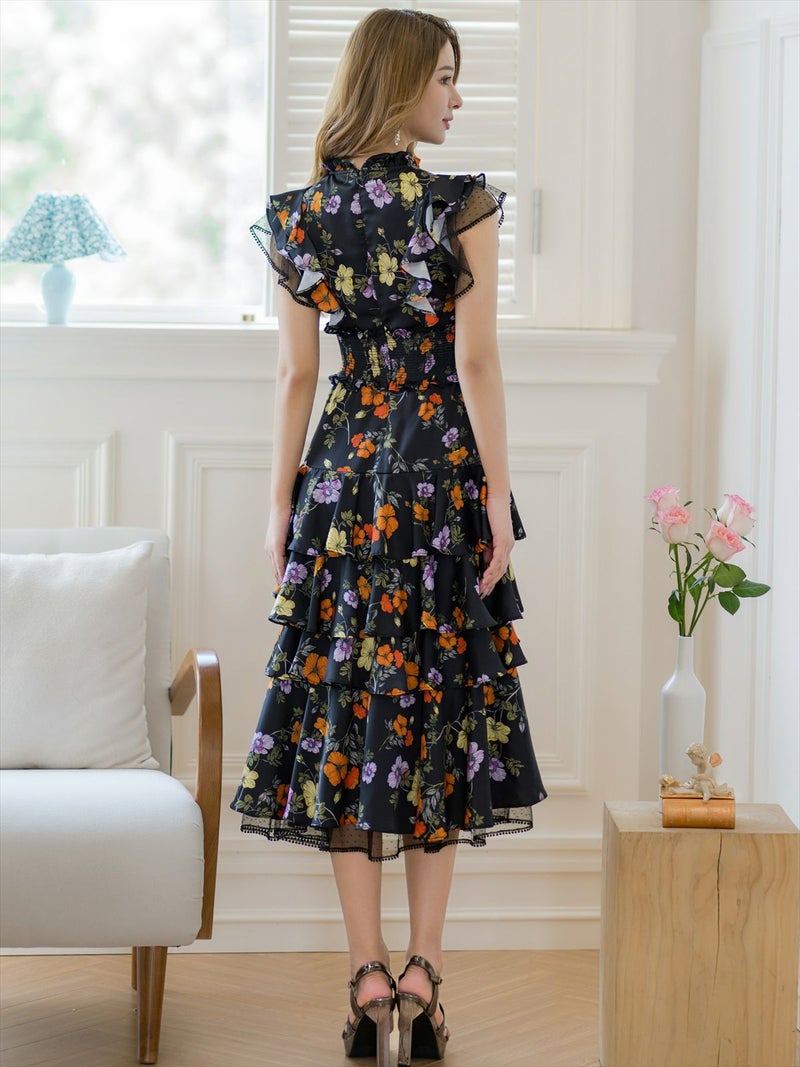 ERUKEI エルケイ ティアード・フリル・プチハイネック・ミディアムドレス・ワンピース ek-s61208a