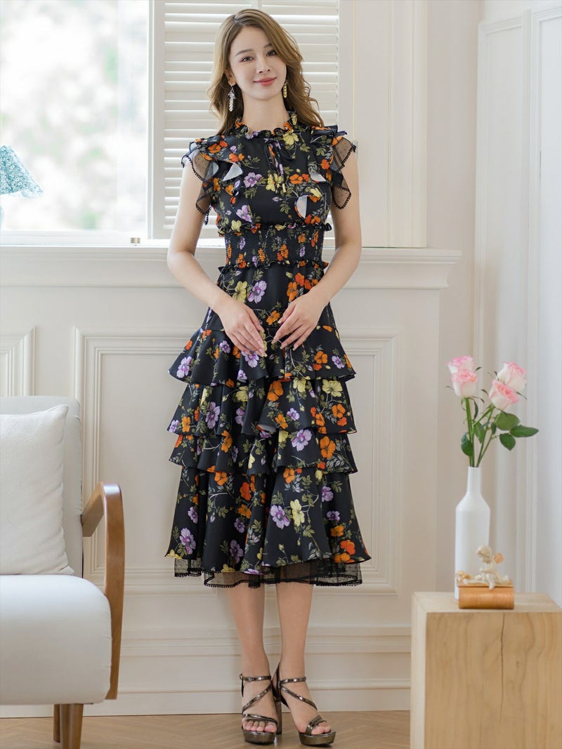 ERUKEI エルケイ ティアード・フリル・プチハイネック・ミディアムドレス・ワンピース ek-s61208a