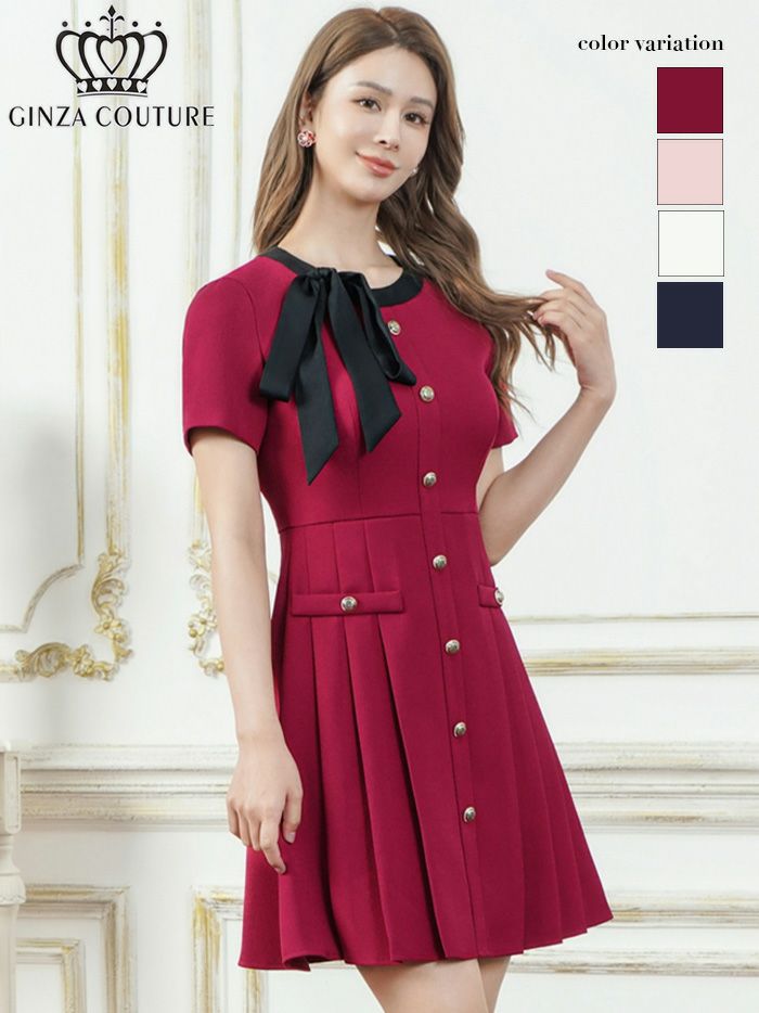 ERUKEI エルケイ バイカラー・半袖・リボン・ボタン・プリーツ・A