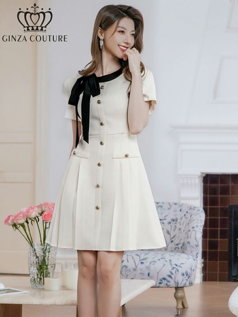 ERUKEI エルケイ バイカラー・半袖・リボン・ボタン・プリーツ・Aライン・ミニドレス・ワンピース ek-c24182