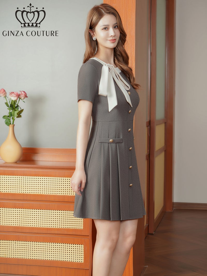 ERUKEI エルケイ バイカラー・半袖・リボン・ボタン・プリーツ・Aライン・ミニドレス・ワンピース ek-c24182