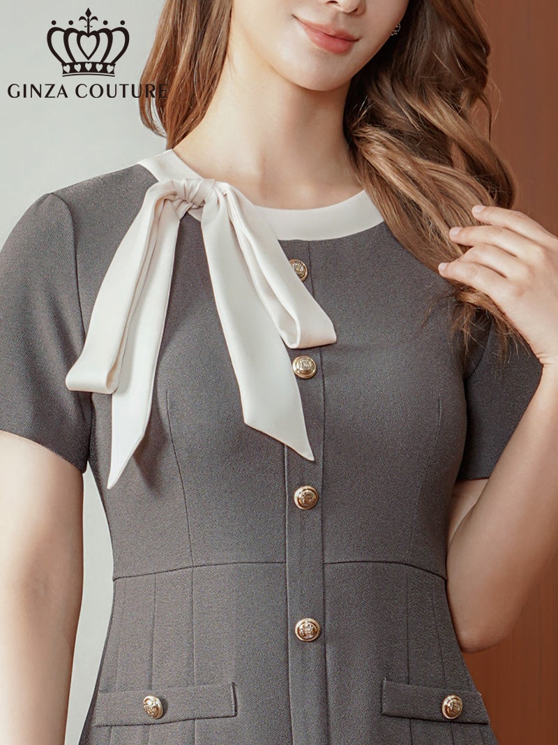 ERUKEI エルケイ バイカラー・半袖・リボン・ボタン・プリーツ・Aライン・ミニドレス・ワンピース ek-c24182