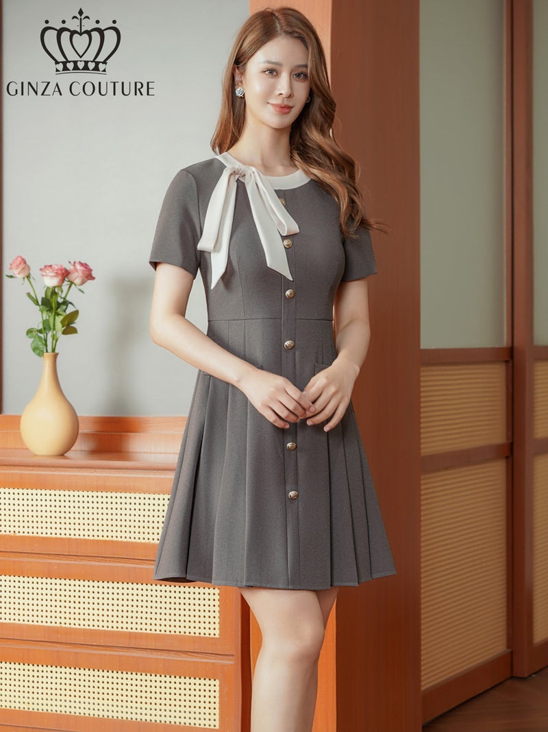 ERUKEI エルケイ バイカラー・半袖・リボン・ボタン・プリーツ・Aライン・ミニドレス・ワンピース ek-c24182