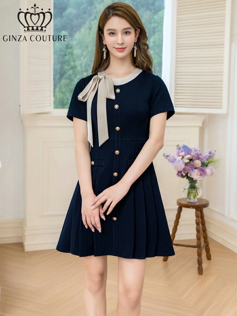 ERUKEI エルケイ バイカラー・半袖・リボン・ボタン・プリーツ・Aライン・ミニドレス・ワンピース ek-c24182