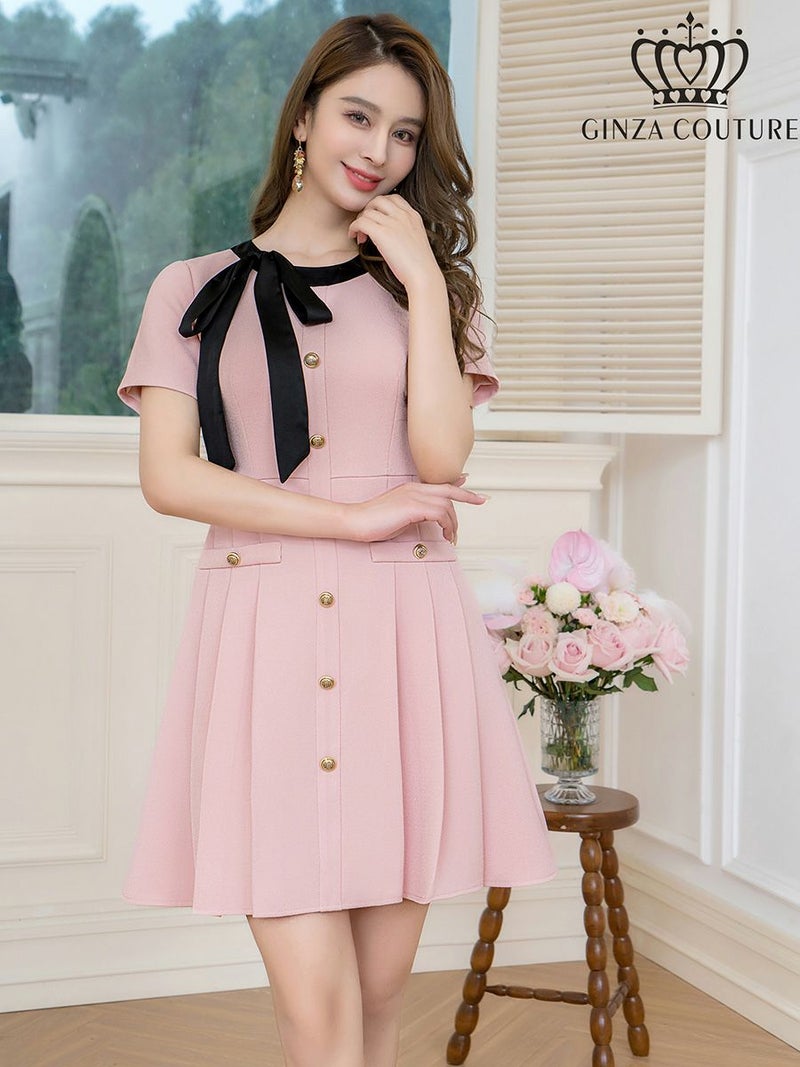 ERUKEI エルケイ バイカラー・半袖・リボン・ボタン・プリーツ・Aライン・ミニドレス・ワンピース ek-c24182