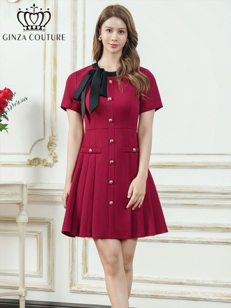 ERUKEI エルケイ バイカラー・半袖・リボン・ボタン・プリーツ・Aライン・ミニドレス・ワンピース ek-c24182