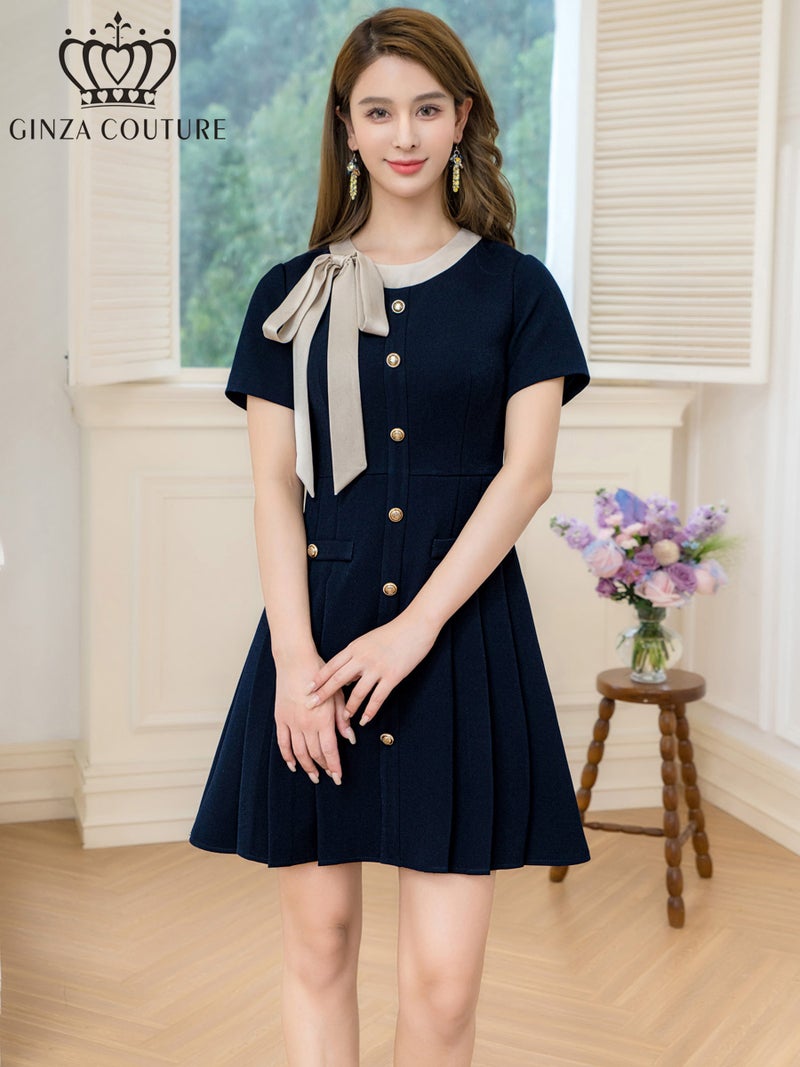 ERUKEI エルケイ バイカラー・半袖・リボン・ボタン・プリーツ・Aライン・ミニドレス・ワンピース ek-c24182