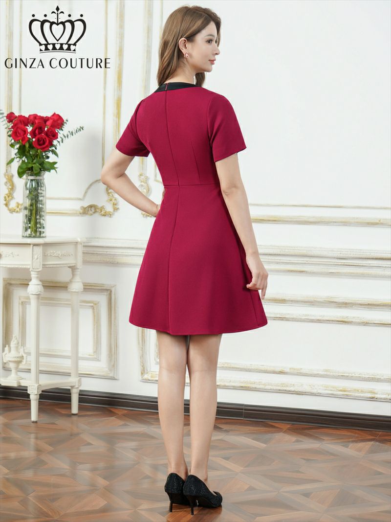 ERUKEI エルケイ バイカラー・半袖・リボン・ボタン・プリーツ・Aライン・ミニドレス・ワンピース ek-c24182