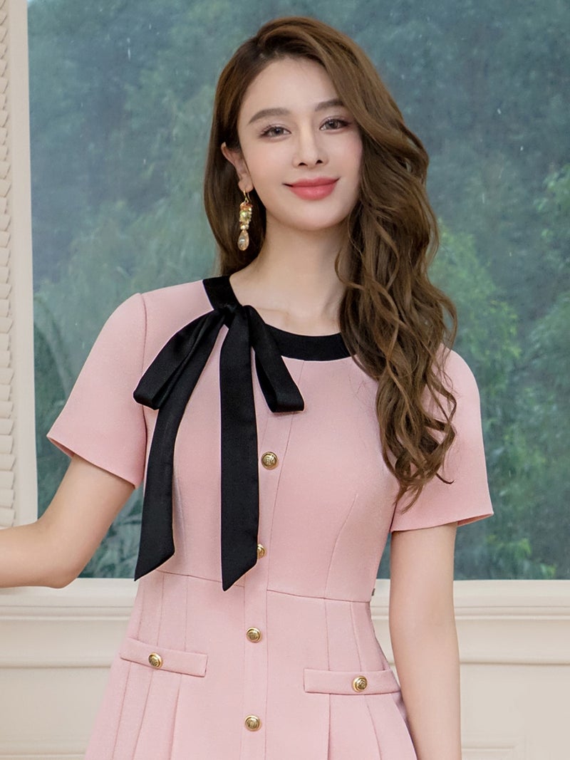 ERUKEI エルケイ バイカラー・半袖・リボン・ボタン・プリーツ・Aライン・ミニドレス・ワンピース ek-c24182