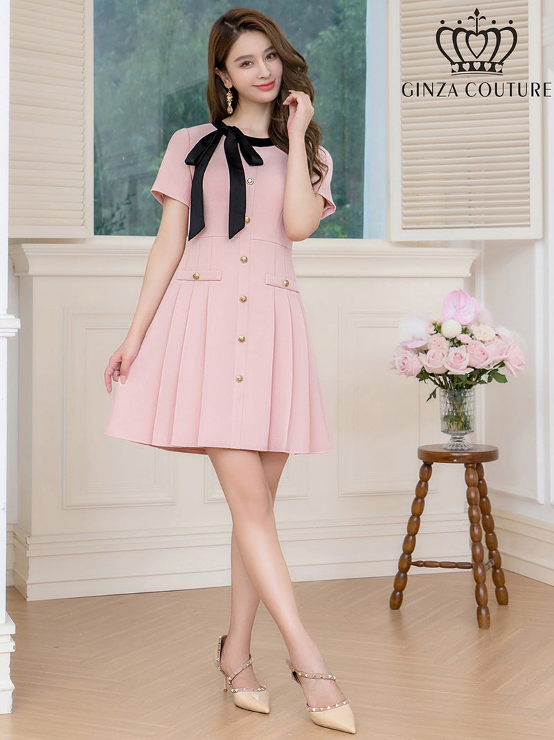 ERUKEI エルケイ バイカラー・半袖・リボン・ボタン・プリーツ・Aライン・ミニドレス・ワンピース ek-c24182