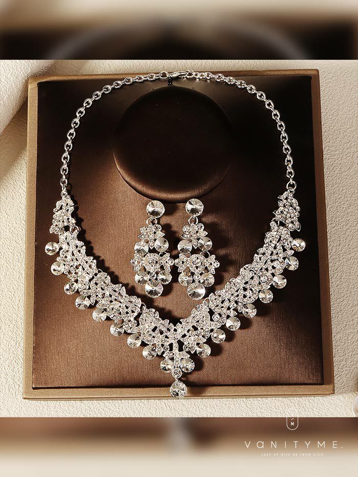 大粒ビジュー×クロスモチーフデザイン ネックレス＆ピアス シルバー ジュエリー vcsit-25029