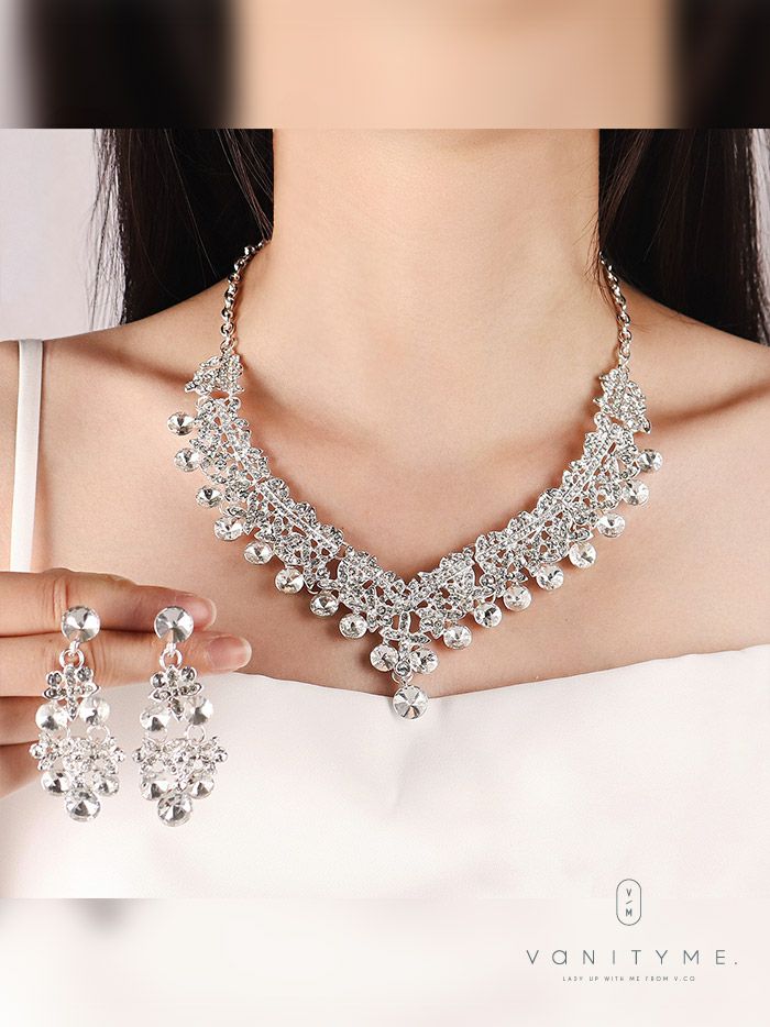 大粒ビジュー×クロスモチーフデザイン ネックレス＆ピアス シルバー ジュエリー vcsit-25029