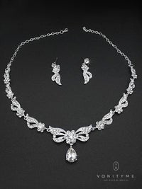 フラワーモチーフビジュー×フェザーデザイン ネックレス＆ピアス シルバー ジュエリー vcsit-25031