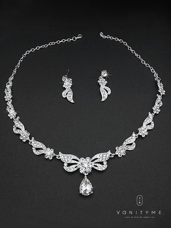 フラワーモチーフビジュー×フェザーデザイン ネックレス＆ピアス シルバー ジュエリー vcsit-25031