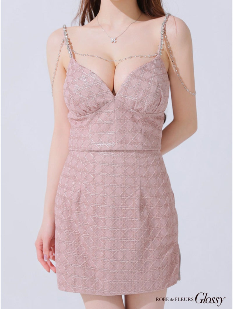 Glossy ローブドフルールグロッシー チェーン付きラメツイルセットアップタイトミニキャバドレス gl3916-c