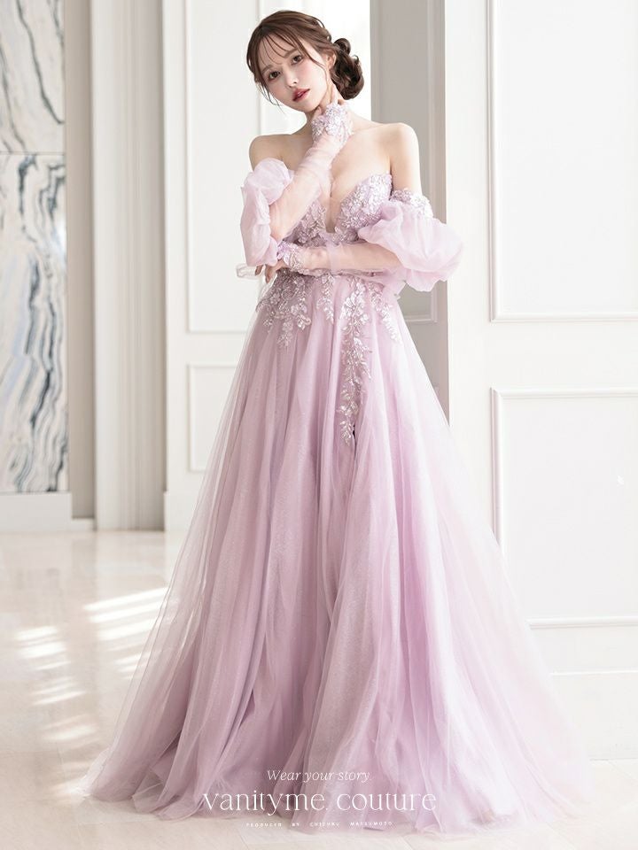 vanityME.couture. バニティミークチュール ロングスリーブ オフショル スパンコール刺繍 スリット入り プリンセス 姫 ロングドレス バースデードレス ラベンダー 【袖取り外し可能】 vctr-l-2432-3