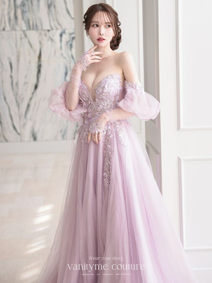 vanityME.couture. バニティミークチュール ロングスリーブ オフショル スパンコール刺繍 スリット入り プリンセス 姫 ロングドレス バースデードレス ラベンダー 【袖取り外し可能】 vctr-l-2432-3