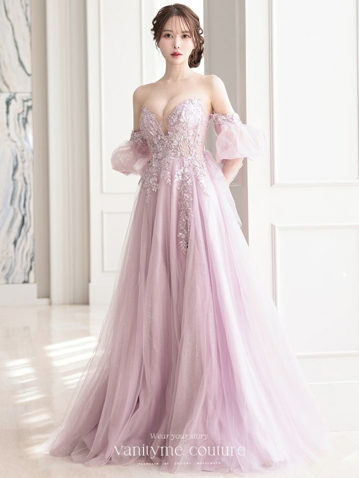 vanityME.couture. バニティミークチュール ロングスリーブ オフショル スパンコール刺繍 スリット入り プリンセス 姫 ロングドレス バースデードレス ラベンダー 【袖取り外し可能】 vctr-l-2432-3
