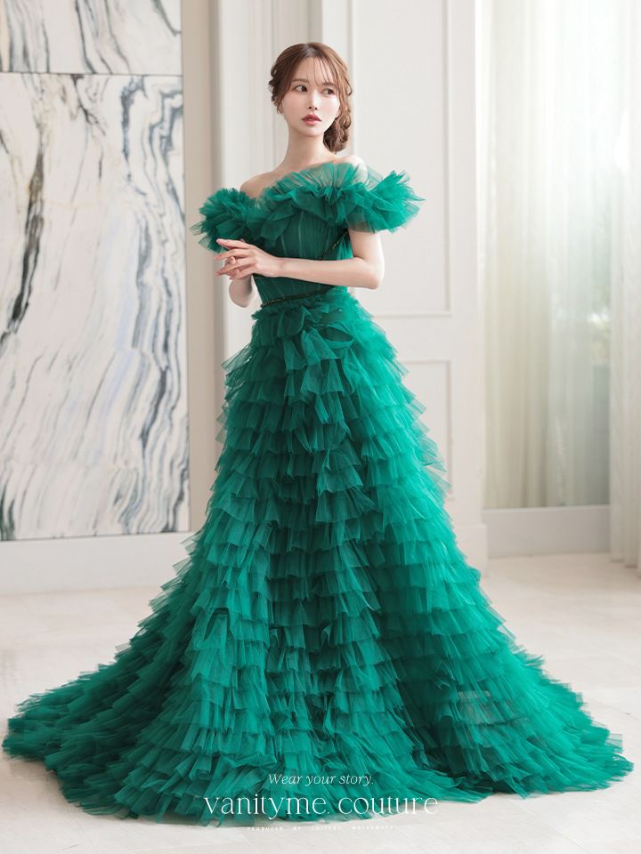 vanityME.couture. バニティミークチュール エメラルド スパンコールライン オフショル ボリュームフリル プリンセス 姫 ロングドレス バースデードレス モスグリーン vctr-l-25033