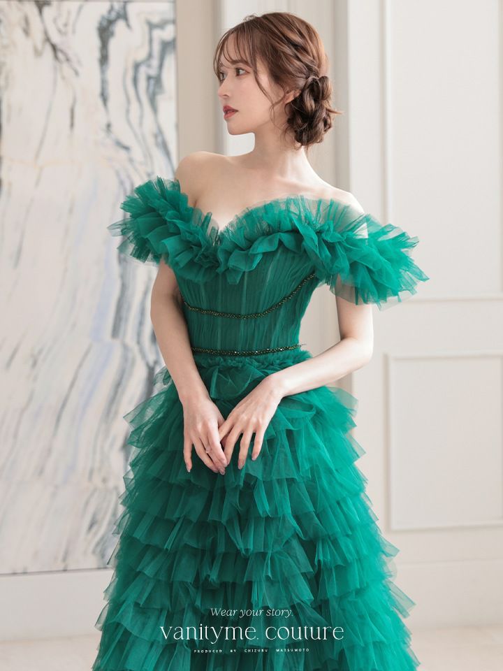 vanityME.couture. バニティミークチュール エメラルド スパンコールライン オフショル ボリュームフリル プリンセス 姫 ロングドレス バースデードレス モスグリーン vctr-l-25033