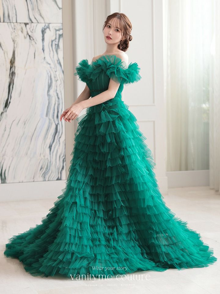 vanityME.couture. バニティミークチュール エメラルド スパンコールライン オフショル ボリュームフリル プリンセス 姫 ロングドレス バースデードレス モスグリーン vctr-l-25033