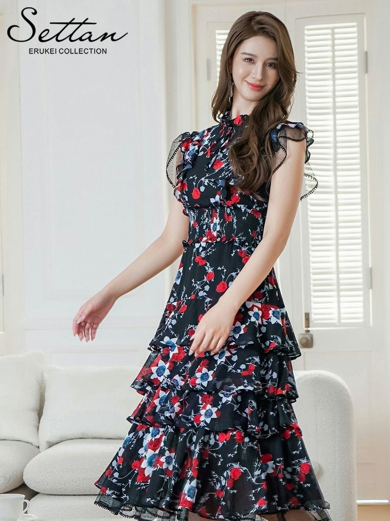 ERUKEI エルケイ ティアード・フリル・プチハイネック・ミディアムドレス・ワンピース ek-s61208