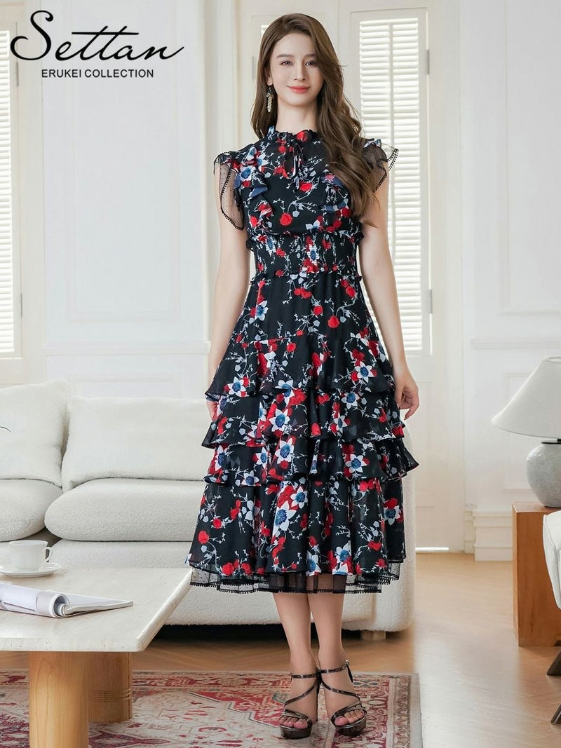 ERUKEI エルケイ ティアード・フリル・プチハイネック・ミディアムドレス・ワンピース ek-s61208