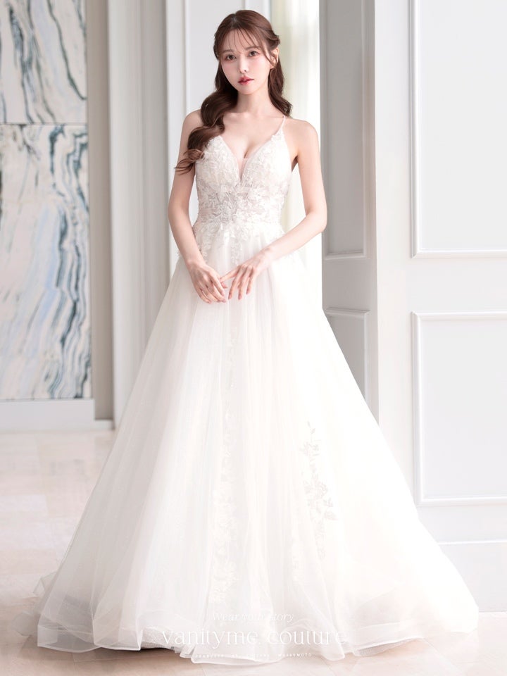 vanityME.couture. バニティミークチュール 立体フラワーレース 刺繍 ラメチュール プリンセス 姫 ロングドレス バースデードレス オフホワイト vctr-l-cd792w