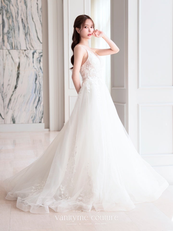 vanityME.couture. バニティミークチュール 立体フラワーレース 刺繍 ラメチュール プリンセス 姫 ロングドレス バースデードレス オフホワイト vctr-l-cd792w