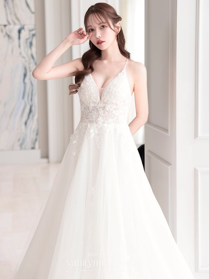 vanityME.couture. バニティミークチュール 立体フラワーレース 刺繍 ラメチュール プリンセス 姫 ロングドレス バースデードレス オフホワイト vctr-l-cd792w