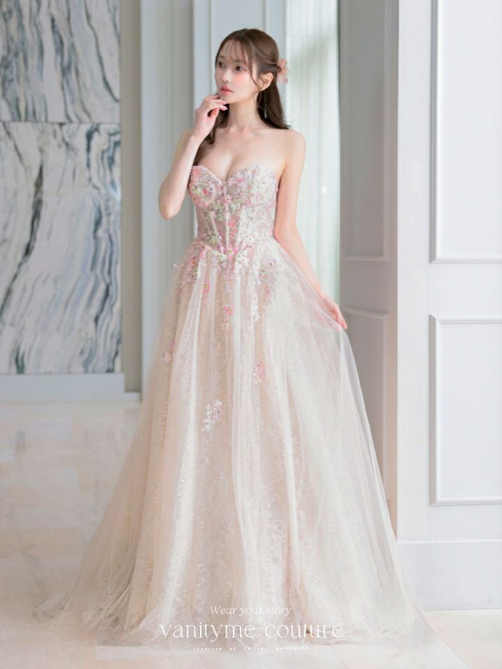 vanityME.couture. バニティミークチュール カラフルフラワーモチーフ ラメチュール 立体ビーズ刺繍 プリンセス 姫 ロングドレス バースデードレス マルチカラー vctr-l-a1468