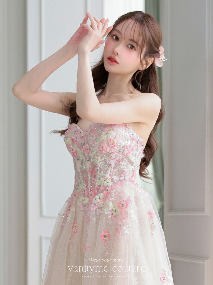 vanityME.couture. バニティミークチュール カラフルフラワーモチーフ ラメチュール 立体ビーズ刺繍 プリンセス 姫 ロングドレス バースデードレス マルチカラー vctr-l-a1468