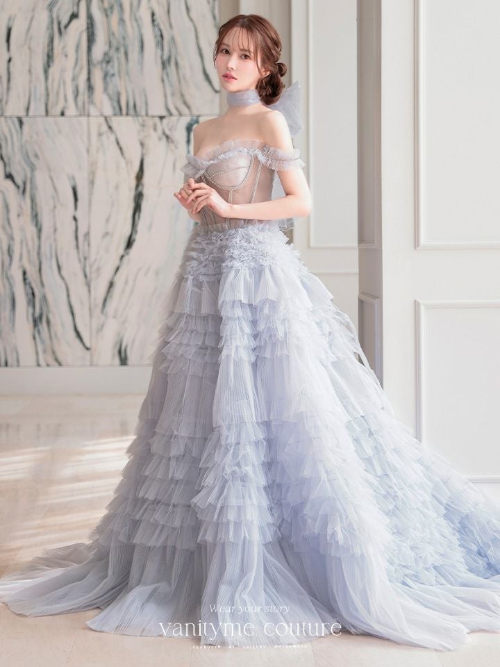 【2点セット】vanityME.couture. バニティミークチュール オフショル チュール ビジューライン ヌードベース リボンショール付き プリンセス 姫 ロングドレス バースデードレス ブルー vctr-l-a1150-1