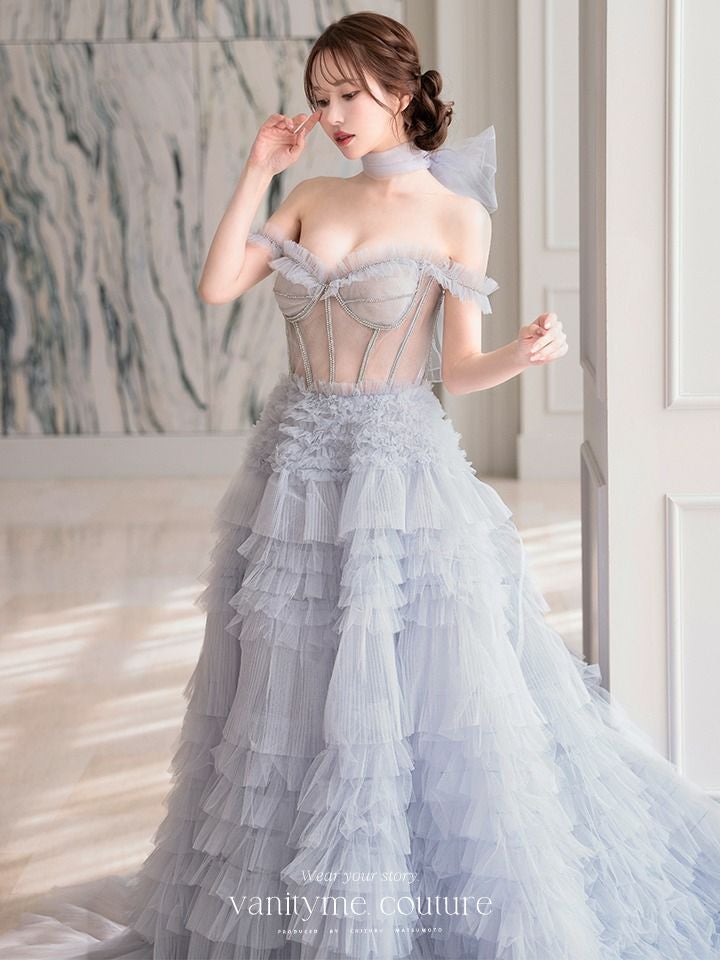 【2点セット】vanityME.couture. バニティミークチュール オフショル チュール ビジューライン ヌードベース リボンショール付き プリンセス 姫 ロングドレス バースデードレス ブルー vctr-l-a1150-1