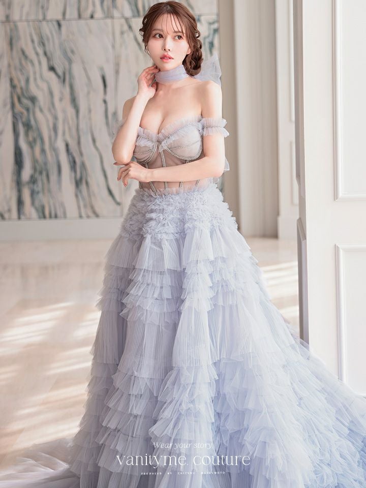 【2点セット】vanityME.couture. バニティミークチュール オフショル チュール ビジューライン ヌードベース リボンショール付き プリンセス 姫 ロングドレス バースデードレス ブルー vctr-l-a1150-1