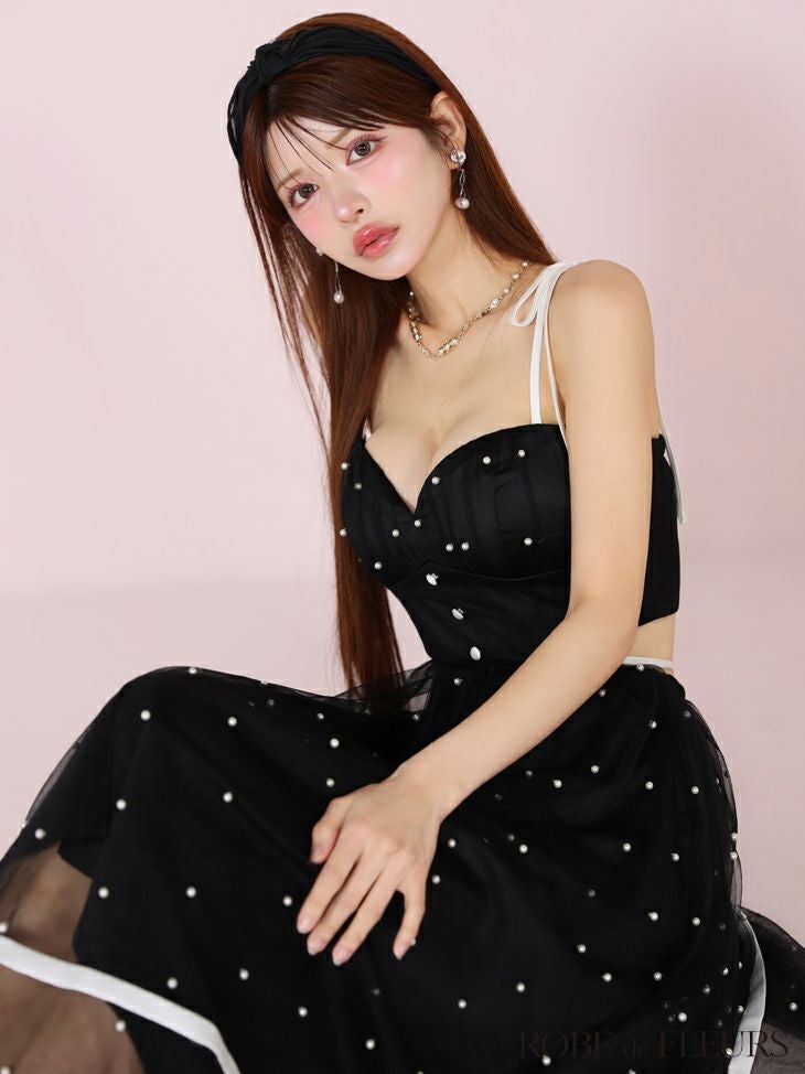 ROBE de FLEURS ローブドフルール パールドットチュールウエストカットフレアロングキャバドレス fm3298-c