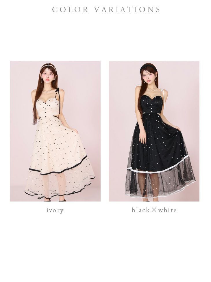 ROBE de FLEURS ローブドフルール パールドットチュールウエストカットフレアロングキャバドレス fm3298-c