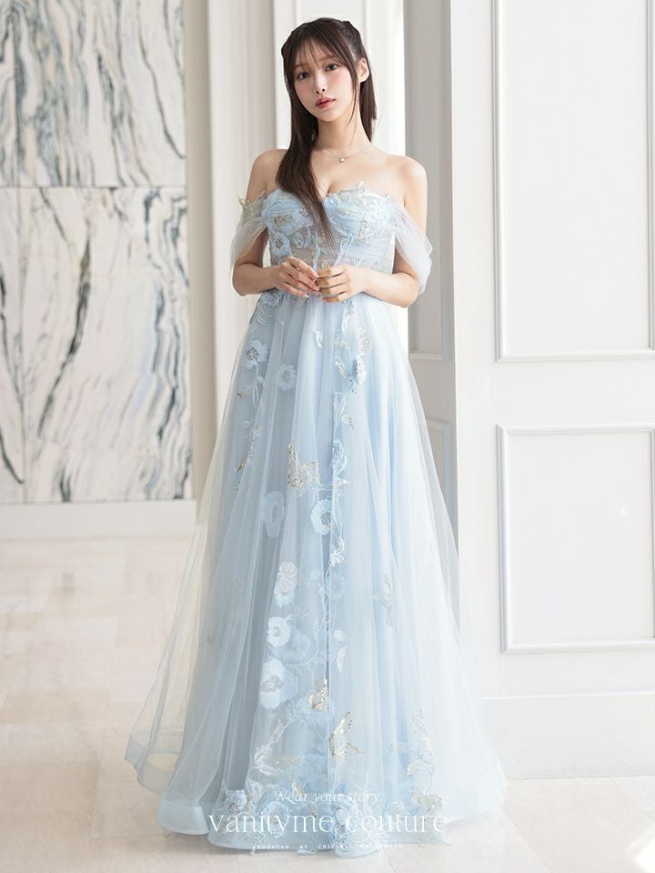 【2点セット】vanityME.couture. バニティミークチュール フラワー×バタフライ スパンコール刺繡 チュールスリーブ付き オフショル プリンセス 姫 ロングドレス バースデードレス ダスティブルー vctr-l-a1246