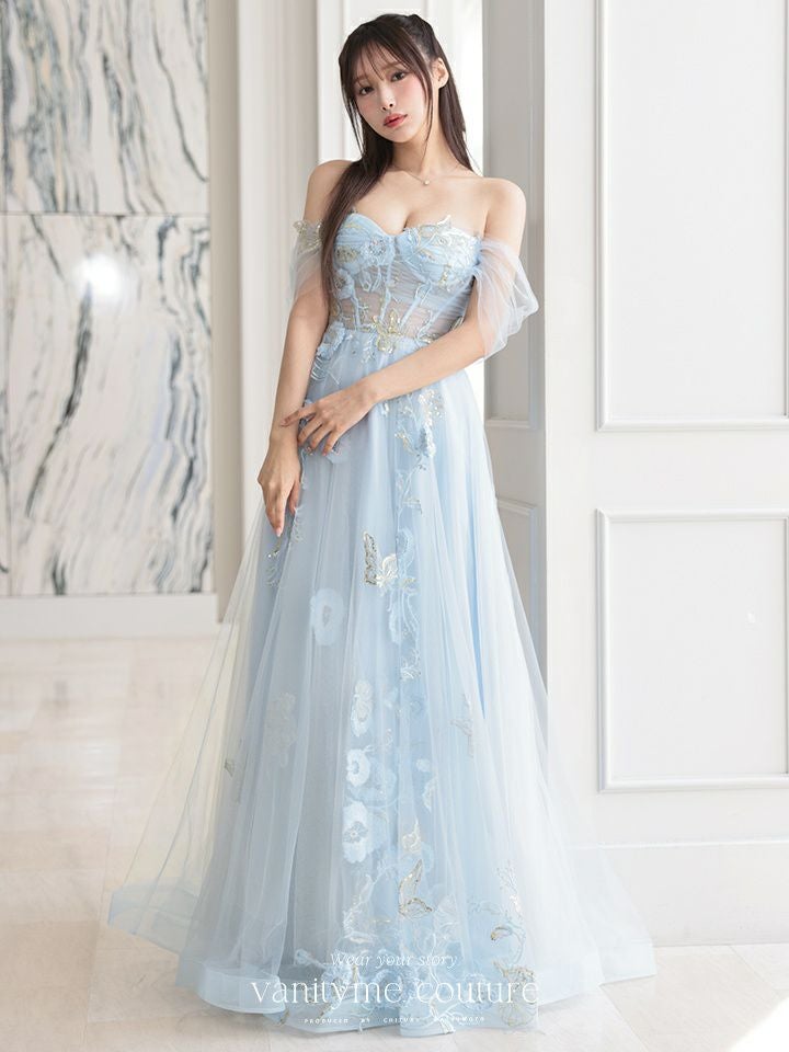 【2点セット】vanityME.couture. バニティミークチュール フラワー×バタフライ スパンコール刺繡 チュールスリーブ付き オフショル プリンセス 姫 ロングドレス バースデードレス ダスティブルー vctr-l-a1246